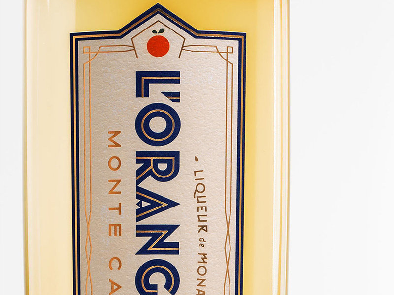 L'Orangerie Monte Carlo Liqueur spirits foil monaco label design typography art deco label bottleshot packaging liqueur monte carlo