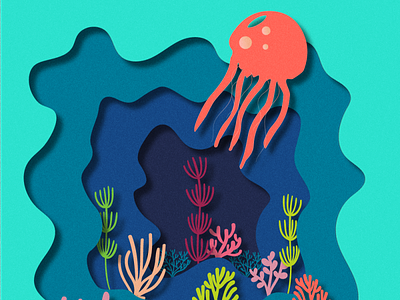 Under the sea effect illustration illustrator cc jellyfish living coral papercut sea vector