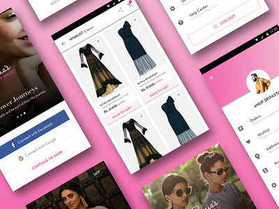 Fashion apparels clothing designer app fashion app logout mobile app onbaording screen profile ui ux wishlist