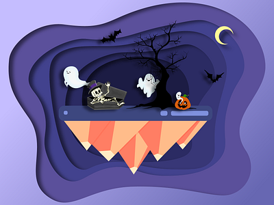 Halloween island bat coffin ghost halloween illustration island paper cut pumpkin skeleton tree