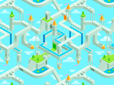 Impossible Kingdom (WIP) castles clouds escher monument valley repeating pattern sky wallpaper