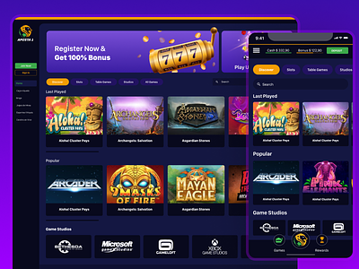 Aposta Games casino games casino online dashboad games mobile app mobile responsive numbers purple uidesign uiux web design