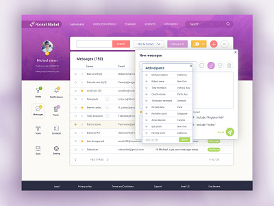 Rocket Market app crm dashboad desktop infographics leads message message app purple