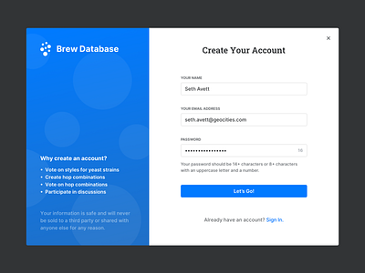 Sign Up Modal beer button form homebrewing input modal password sign up ui ux website