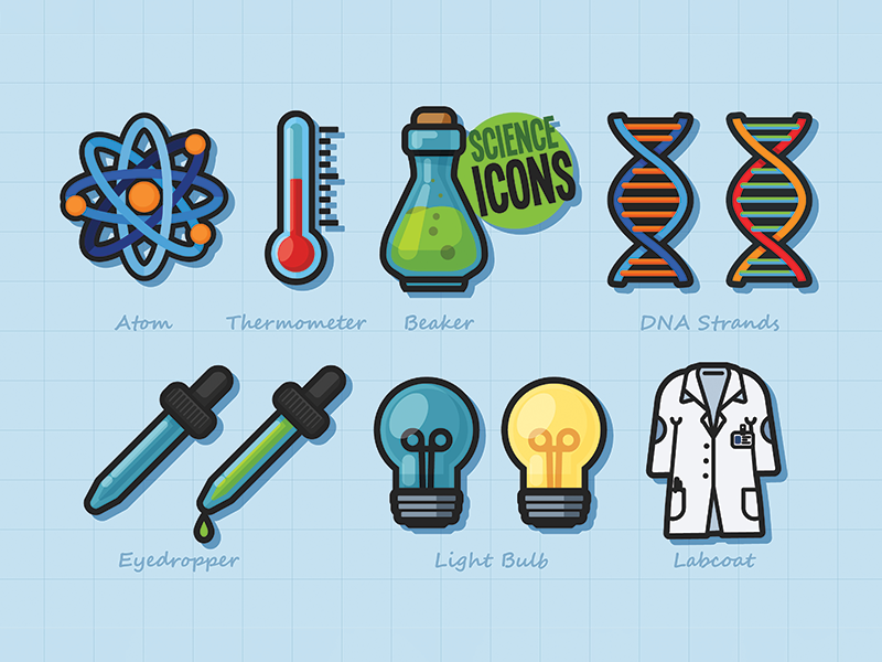 Science Icons science and technology icons lab coat light bulb eyedropper dna beaker thermometer atom science