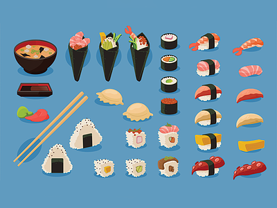 Sushi icon set delicious ginger icons illustration miso soup rice ball rolls sashimi soy sauce sushi vector vector illustration wasabi
