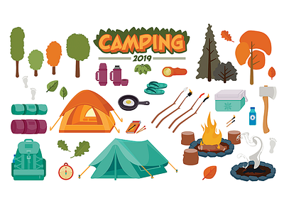 Camping Icons Vector Set backpack bonfire campfire camping compass flashlight icons icons set illustration leaf matches tent thermos trees vector vector illustration