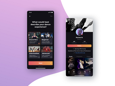 Dance App app applicationux mobile mobileux onboarding profile ui