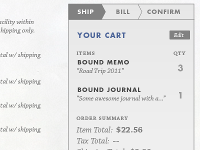 Someone's gotta design a checkout process, too. bound cart chaparral checkout ecommerce futura mockup mockup