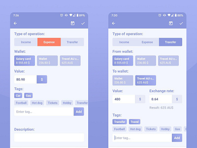 Finances app android app design edit finance light mobile money purple tags ui wallet