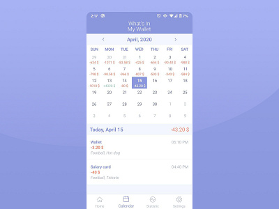 Finances app. Calendar tab android app calendar design finance light mobile mobile ui money purple wallet