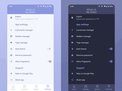 Finances app. Settings tab android app dark design finance light mobile mobile ui money purple theme wallet