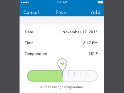 Symptom Tracking - Fever data entry health healthcare mobile patient slider thermometer ui