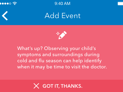Symptom Tracking - Add Event data first use healthcare help mobile notification patient popup tooltip ui