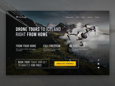 Drone tours | Homepage concept concept daily 100 challenge daily ui dailyui design drone drone tours figma first screen iceland quadrocopter tour tourism traveling ui uidesign web website