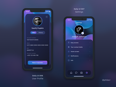 Dailu UI #006 and #007 | User profile and Settings app app design application application ui bank app banking app calculator concept daily 100 challenge daily ui dailyui design figma mobile ui ui design