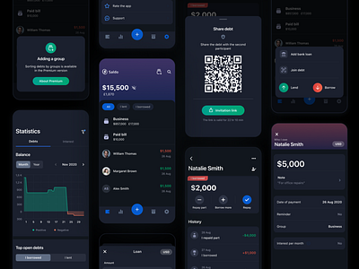 Debts and loans manager app application borrow clean credit dark dark mode dark theme dark ui debt finance app loan mobile app mobile application ui ux