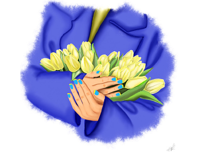 yellow tulips in the hands of a girl on a blue background brand identity branding design dribbbleweeklywarmup illustration logo typography vector