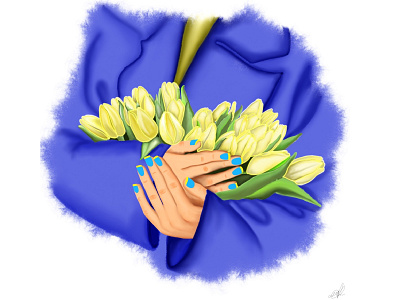 yellow tulips in the hands of a girl on a blue background