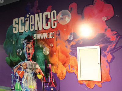 Science Showplace Entrance bright childrens museum entrance entry entryway exhibit exhibit design museum science theater wall graphics wall installation