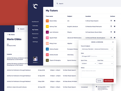 Crimson – Book a Session educational layout learning app list tables ui ux