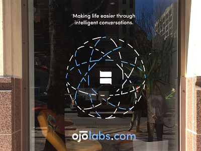 OJO Labs Window Signage atom conversation intelligent labs make molecular ojo speech bubbles think
