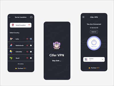 VPN App | CiferVPN app app design app designer application dark mode dark ui design illustration mobile mobile app mobile design mobile ui onboarding ui ux