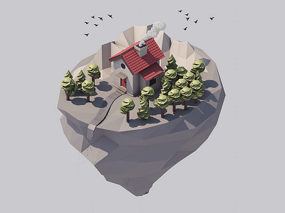 Lonely Island 3d building city island isometric land lowpoly model render tree