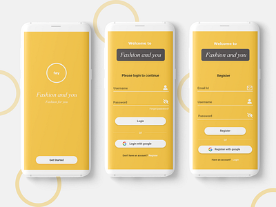 Welcome, Login and Register Screens - Fashion and You