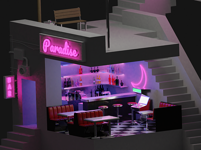 Paradise 3d 3d art 3ddesign 3dmodeling bar blender cyberpunk cyberpunkart design game illustration interiordesign lowpoly neon neon light render retro