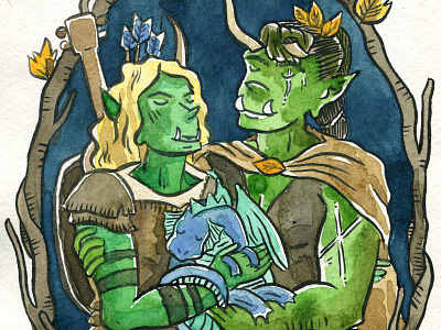 orc wives dnd dungeons and dragons illustration orc portrait watercolor