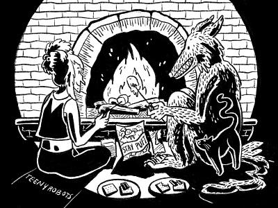 Gettin roasted black and white halloween illustration inktober menbecomingwolves roasted smores spookyscary staypuft werewolf werewolfbae witch