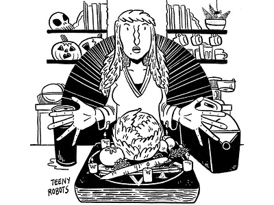 A healthy spell black and white digital healthy illustration inktober packed lunch salad witch