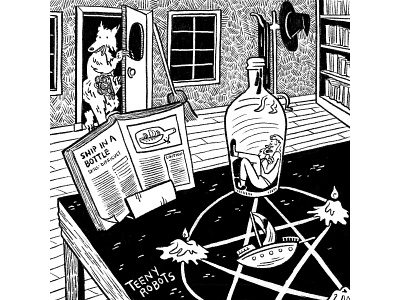 Bottle black and white date night digital illustration inktober inktober2018 procreate ship in a bottle werewolf witch