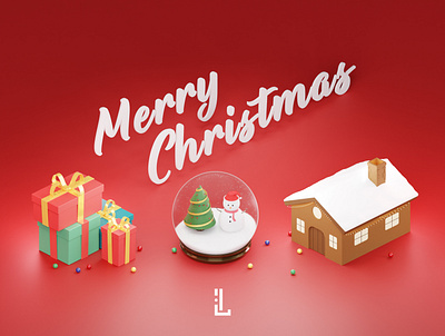 Christmas Illustration 3D 3d 3d art background blender box december design gift happy home house illustration isometric art lights low poly red snowglobe snowman tree white