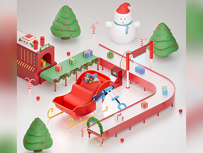 Isometric Christmas Factory 3d 3d art background blender candy december design gift illustration lights low poly money robot santa scanner snowman tree winter