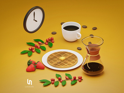 Coffee Time 3d 3d art background bean blender branch branding breakfast butter coffee cup eleven isometric art low poly strawberry tree ui waffle