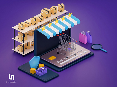 E-commerce - Isometric Illustration 3d app background bag blender box business card cart illustration isometric art low poly rack search security shield shopping smartphone star ui