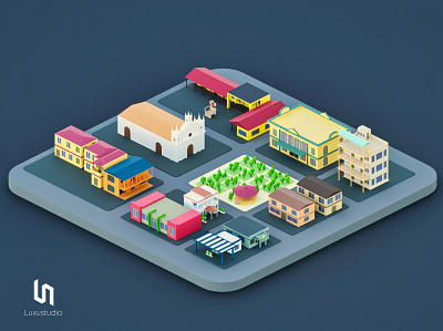 Low poly City - Isometric design 3d blender blue building church city dark design hotel illustration isometric art landscape low poly park stylized town tree ui