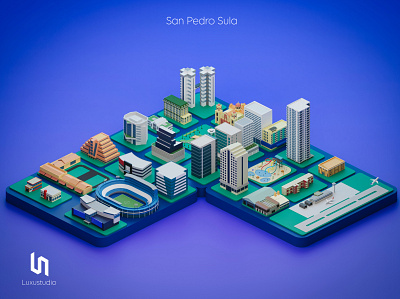 Isometric City - San Pedro Sula, Honduras 3d 3d art airport bank blender building business church city design hotel hotels illustration isometric art low poly park purple stadium stylized ui