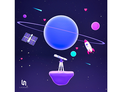 Cosmos - 3D Illustration 3d 3d art astronomy background blender design heart illustration island low poly planet ring rocket satellite space stylized telescope ui