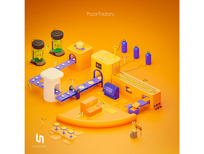 Pizza factory - 3D Illustration 3d 3d art alien blender design illustration industrial isometric art italy low poly machine orange pizza purple restaurant scifi stylized ui