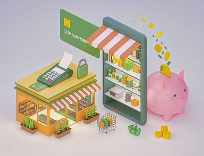 3D Illustration - Fintech company 3d 3d art blender business card cart coin design illustration isometric art low poly pig plant secure store stylized ui