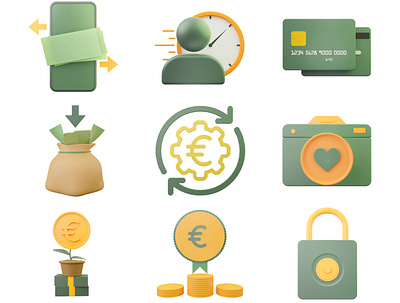 3D Icons - Fintech company 3d 3d art app bank blender design green icon low poly money orange smartphone ui