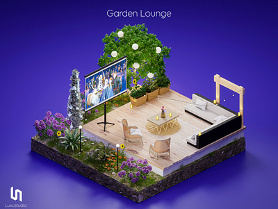 Garden Lounge - 3D isometric design 3d 3d art blender daisy design flower frozen garden illustration isometric art light low poly nature navy spring winter wood