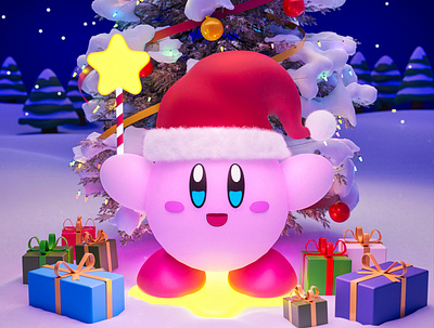 Christmas with Kirby 3d 3d art blender design gift hat holiday illustration low poly nintendo santa snow tree winter