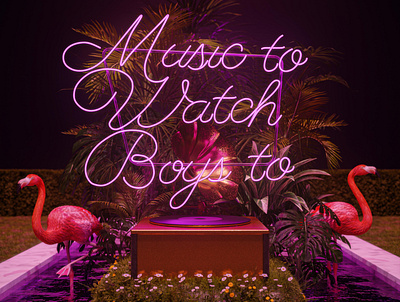Music to Watch boys to - 3D illustration 3d 3d art blender daisy design flamingo garden glass gramophone music neon pink plant pool vintage west