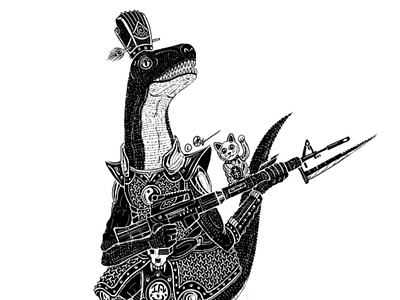 Raptor ancient ancient china armor asian blackandwhite chinese design digital digital illustration dinosaur drawing gun illustration manekineko random weird