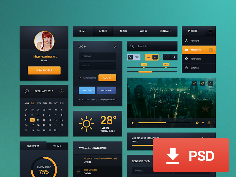 Free UI Kit ui kit navigation profile dropdown toggle login calendar weather music video contact