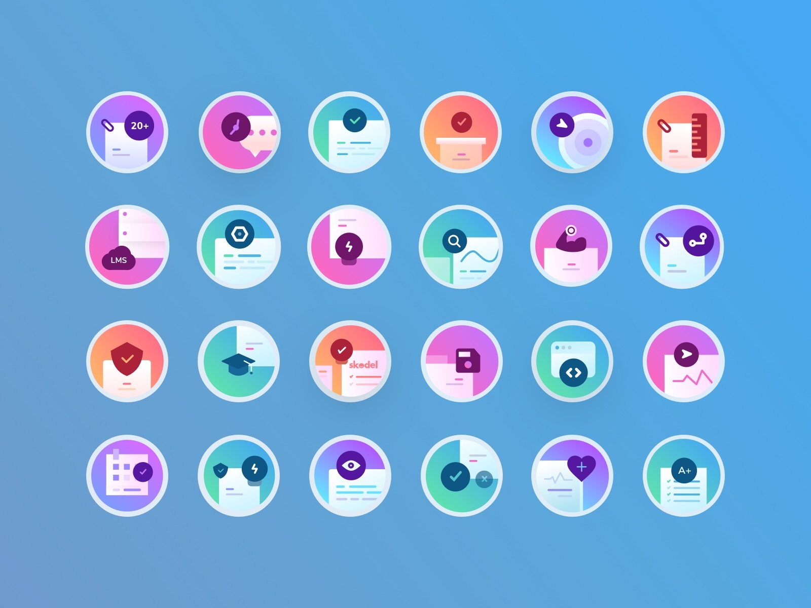 Icon Set for Skodel Landing Page customer data discover exploration gradient icons iconset line management research school search stats wellbeing
